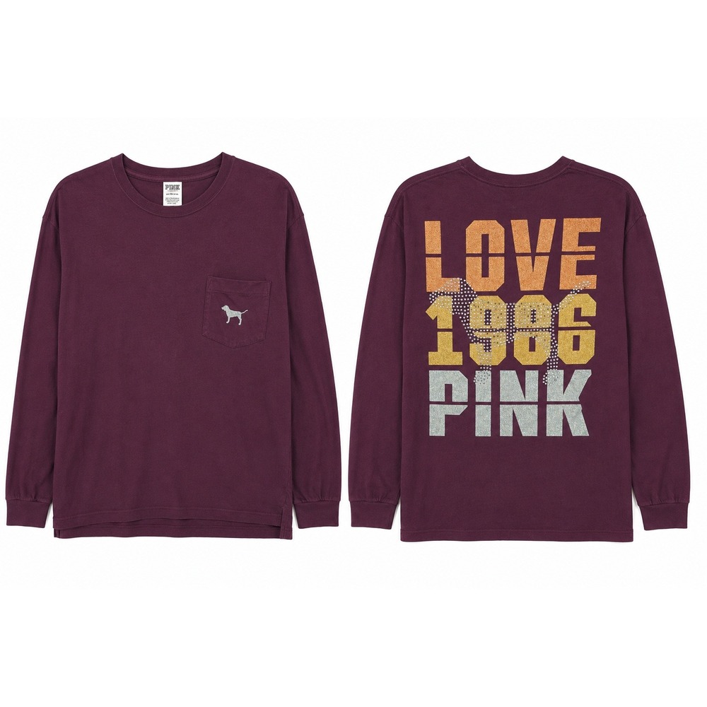 Victorias Secret PINK Long Sleeve T-Shirt S Maroon Glitter Graphic Spirit Y2K
